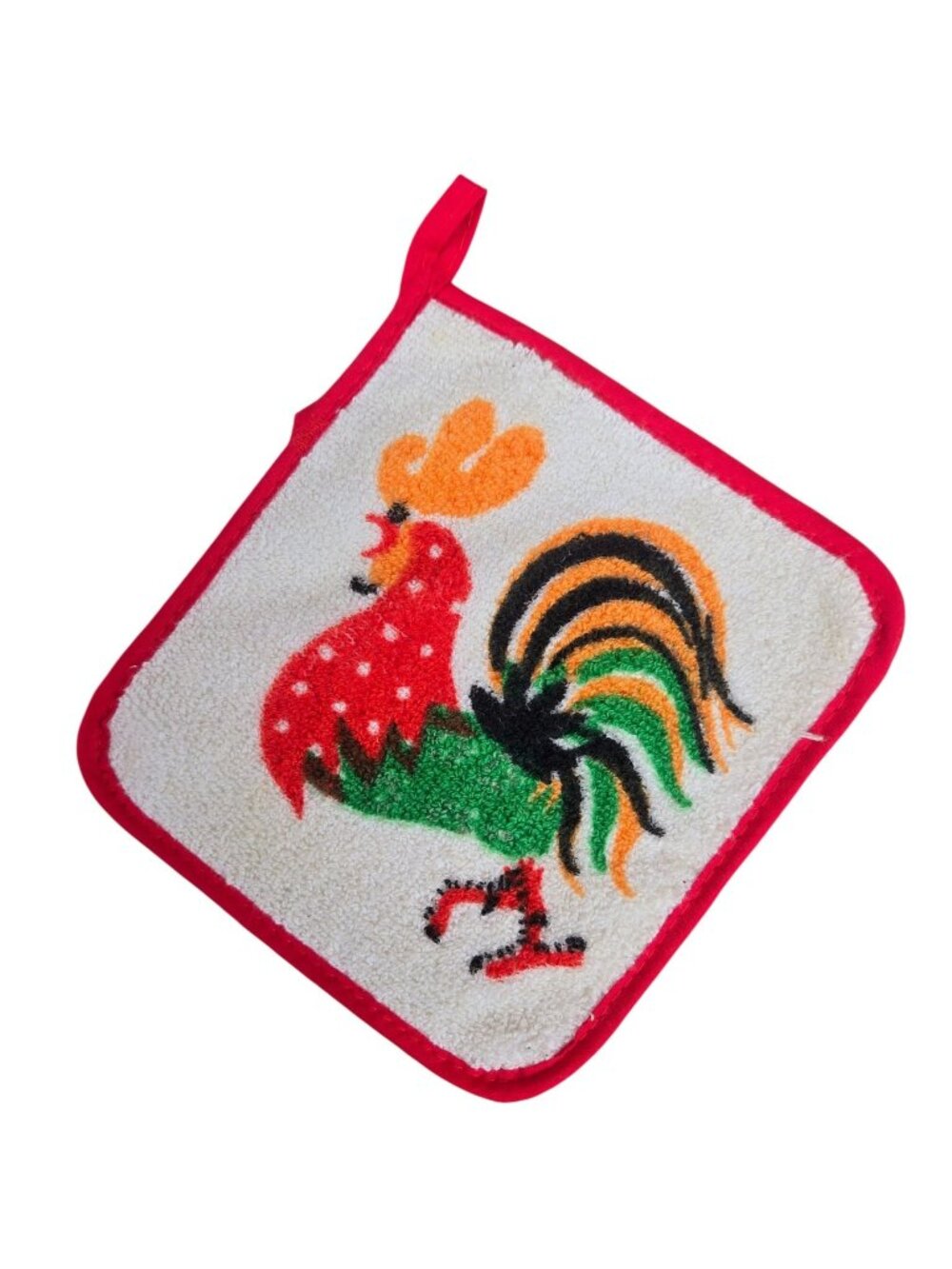 Vintage Rooster pot Holder Terry Cloth Red Trim Chicken Farmhouse Kitchen AS IS